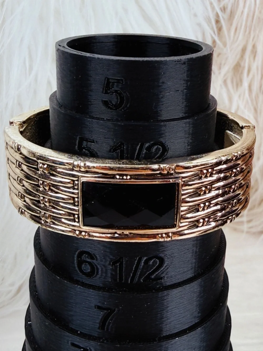 Textured Silvertone Bangle Bracelet with Black Accent